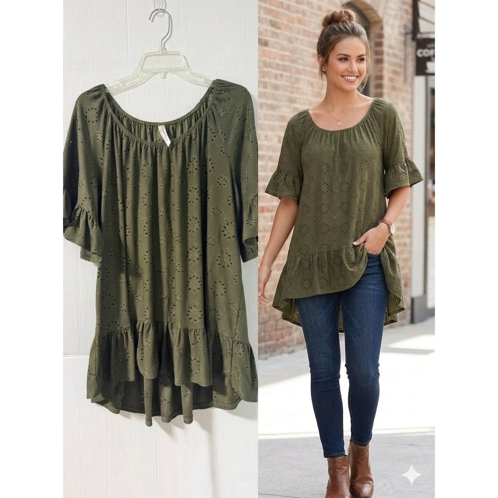 PerSeption Women Tunic Top Women 1X Olive Green Eyelet Ruffle Boho-Chic Prairie